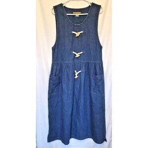 Vintage Bryn Connelly Denim Jumper Dress Midi‎ Sleeveless Toggle Pockets Size 8